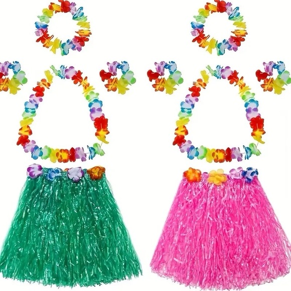 2-Pack Hawaiian Hula Skirt Set – Multicolor Grass Skirts with Flower Accessories - Picture 1 of 5